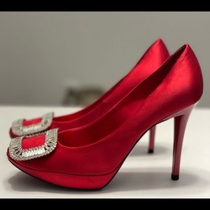 Roger Vivier Red Platform Heels with Silver Buckle